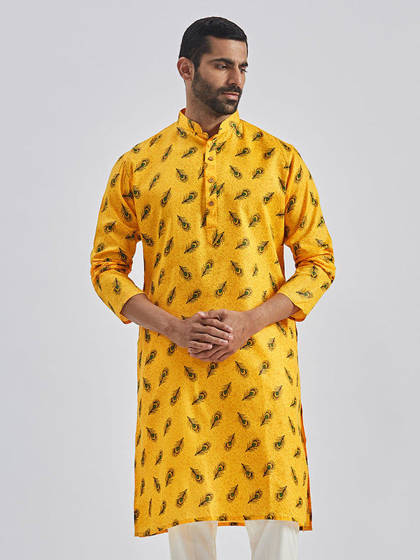 Jashvi Men's Yellow Muslin Cotton Kurta