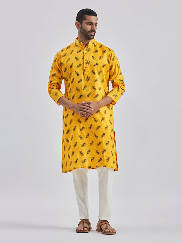 Jashvi Men's Yellow Muslin Cotton Kurta Pyjama Set