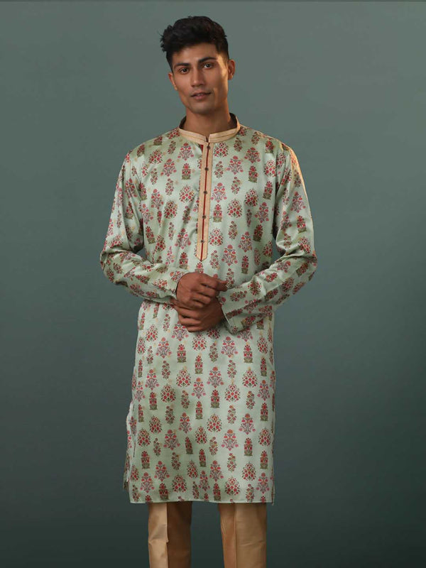 Jashvi Me's Aqua Silk Blend Floral Printed Kurta