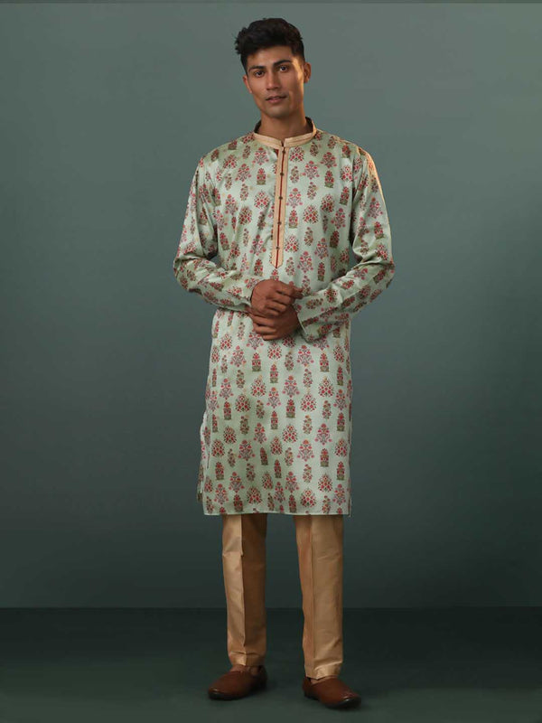 Jashvi Men's Aqua Silk Blend Floral Printed Kurta With Pant Set