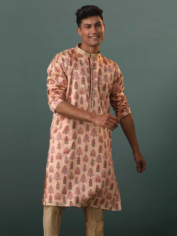 Jashvi Men's Peach Silk Blend Floral Printed Kurta