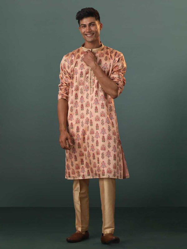 Jashvi Men's Peach Silk Blend Floral Printed Kurta With Pant Set