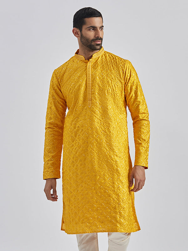 Jashvi Men's Yellow Silk Blend Kurta