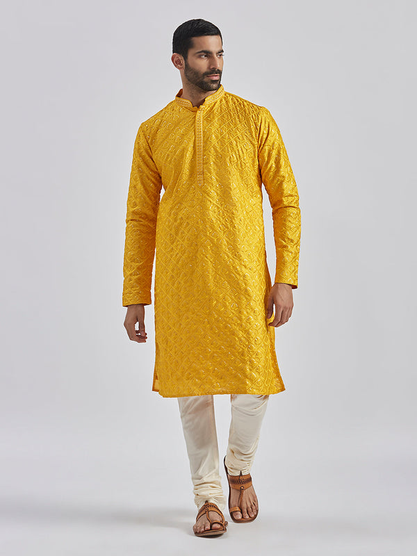 Jashvi Men's Yellow And Cream Silk Blend Kurta Pyjama Set