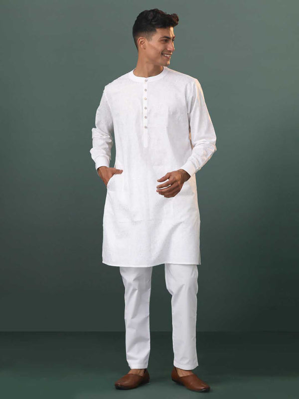 Jashvi Mens White Cotton Embellished Kurta Pyjama Set