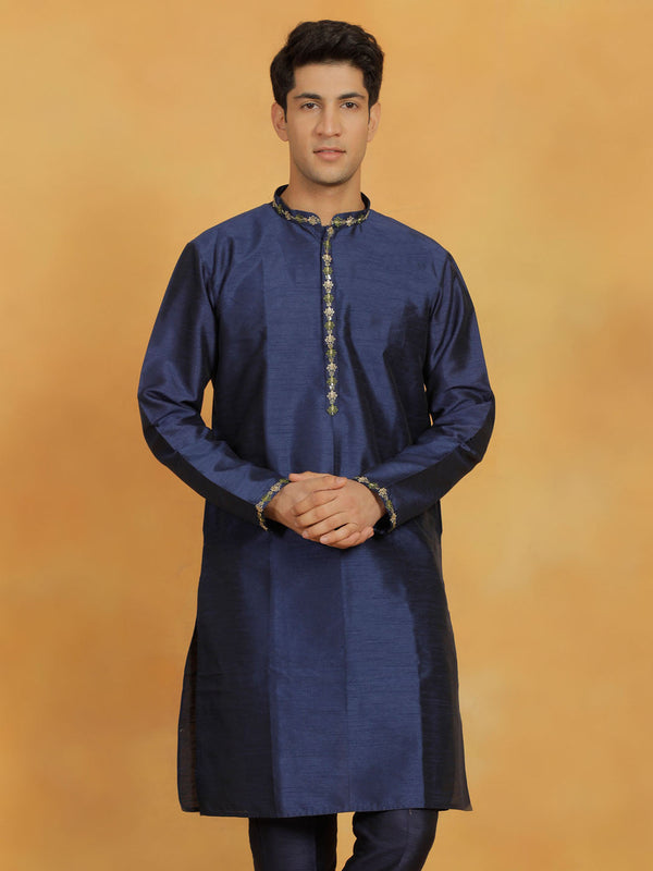 Jashvi Men's Navy Blue Dupion Silk Kurta