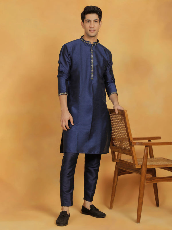 Jashvi Men's Navy Blue Dupion Silk Kurta Pyjama Set