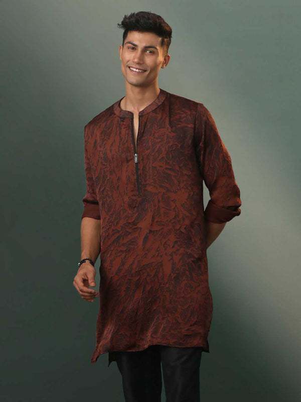 Jashvi Men's Brown And Black Printed Cotton Blend Kurta