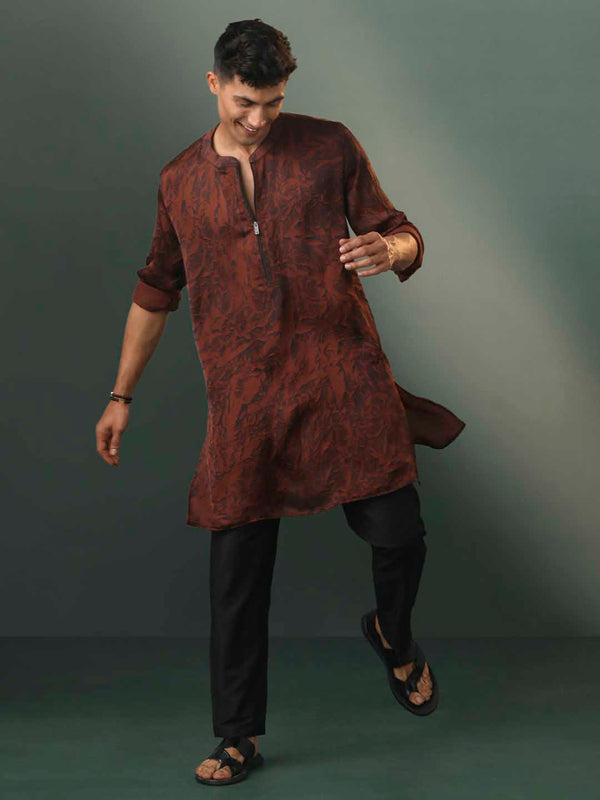 Jashvi Men's Brown And Black Printed Cotton Blend Kurta Pyjama Set