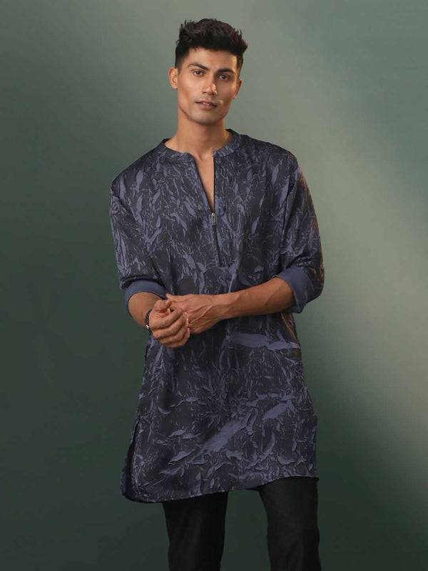 Jashvi Men's Grey And Black Printed Cotton Blend Kurta