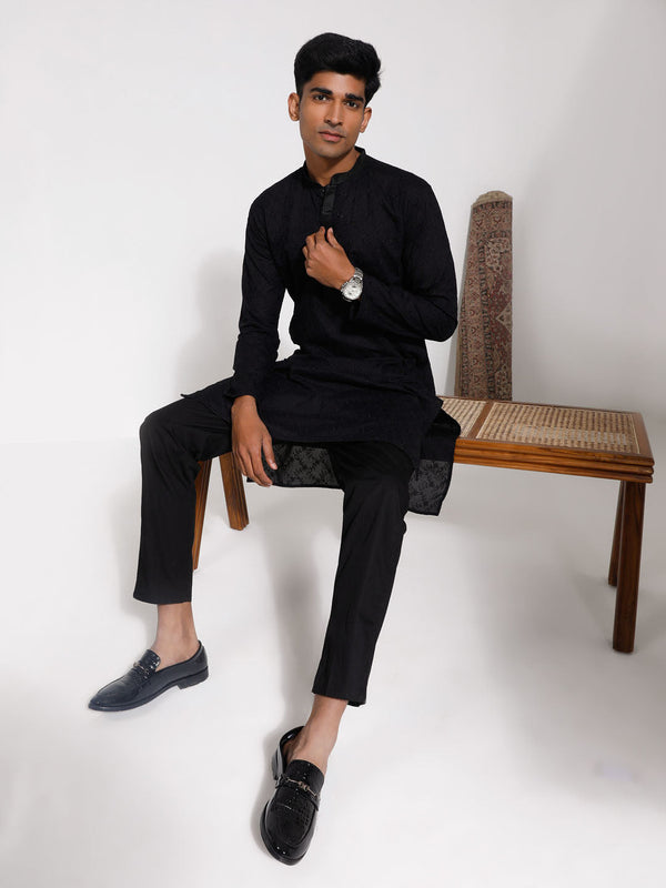 Jashvi Men's Black Cotton Kurta Pyjama Set