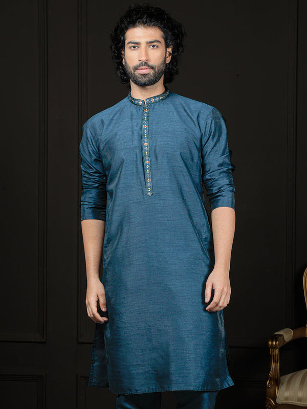 Jashvi Men's Turquoise Dupion Silk Kurta