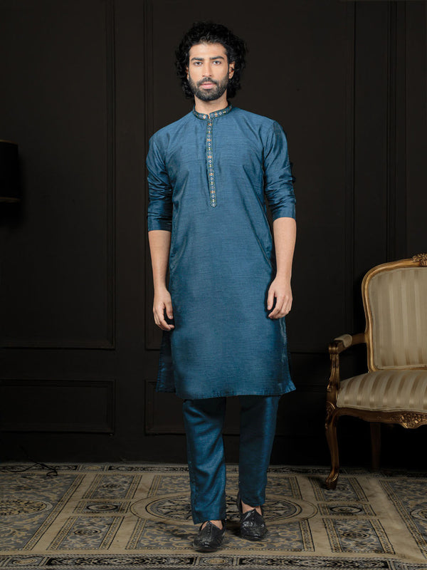 Jashvi Men's Turquoise Dupion Silk Kurta and Pyjama Set