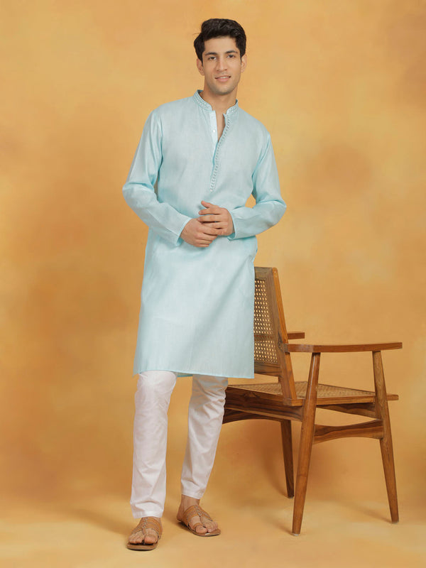 Jashvi Men's Aqua And White Cotton Kurta Pyjama Set