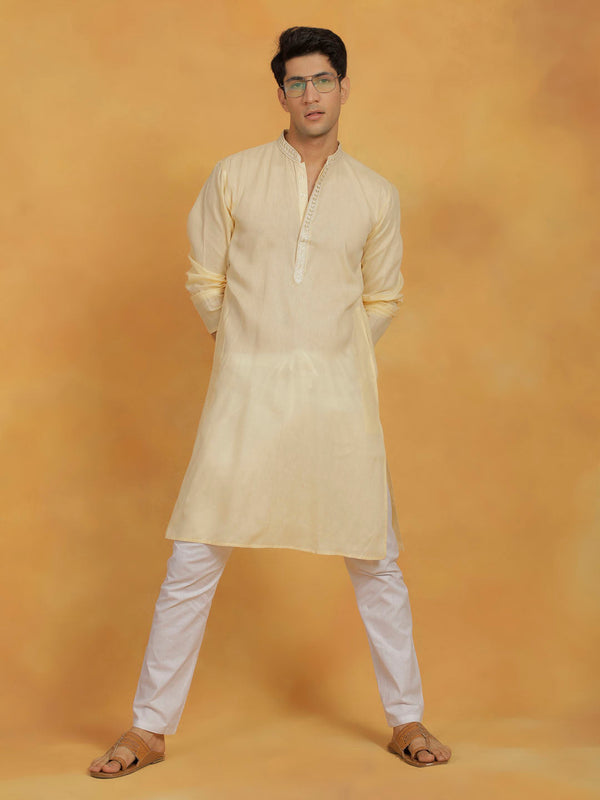 Jashvi Men's Cream And White Cotton Kurta Pyjama Set