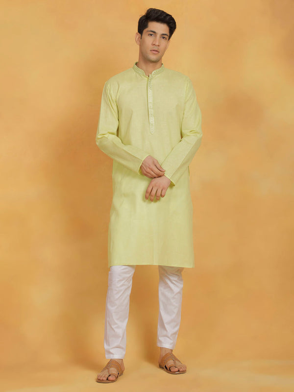 Jashvi Men's Mint Green And White Cotton Kurta Pyjama Set