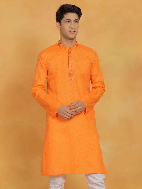 Jashvi Men's Orange Cotton Kurta