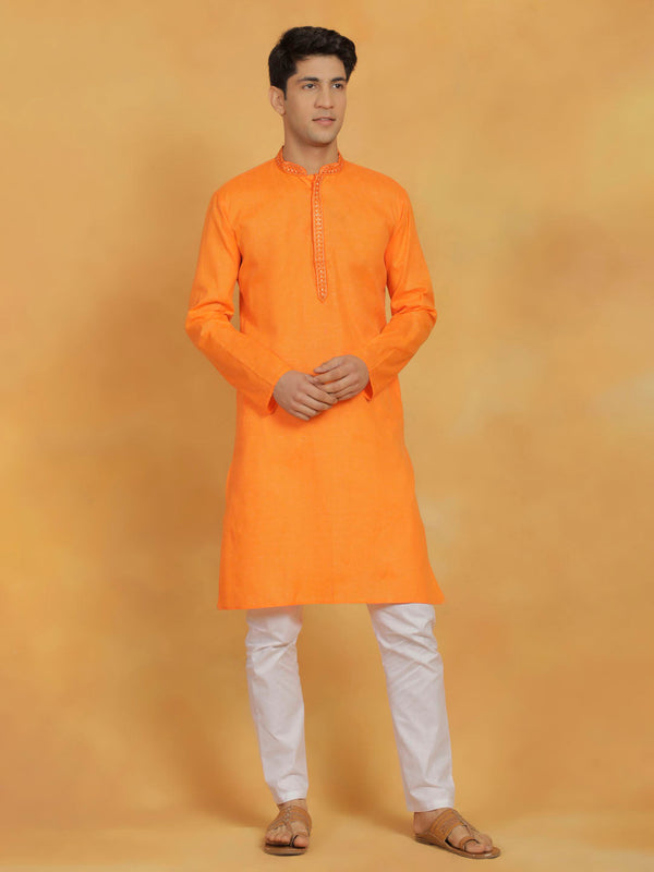 Jashvi Men's Orange And White Cotton Kurta Pyjama Set