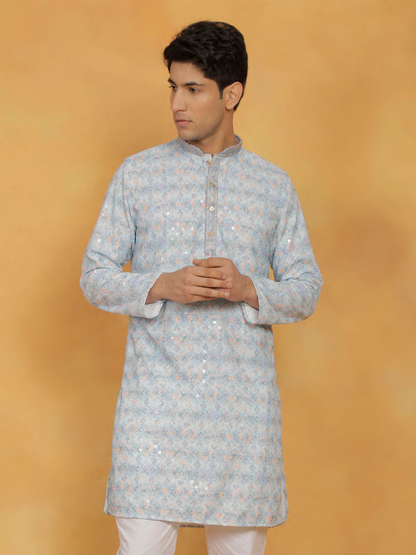 Jashvi Men's Aqua Cotton Blend Kurta