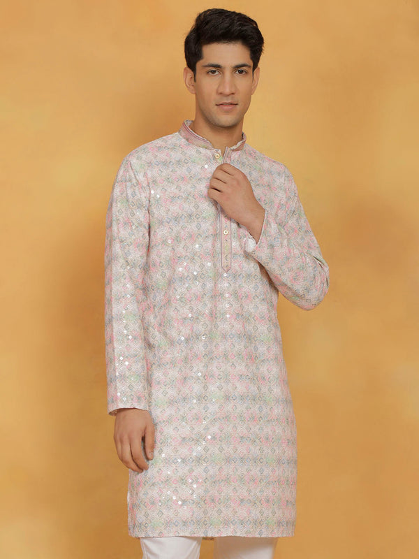 Jashvi Men's Pink Cotton Blend Kurta