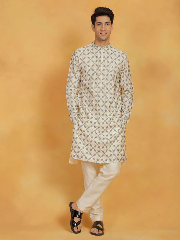 Jashvi Men's Cream Cotton Blend Kurta And Pyjama Set