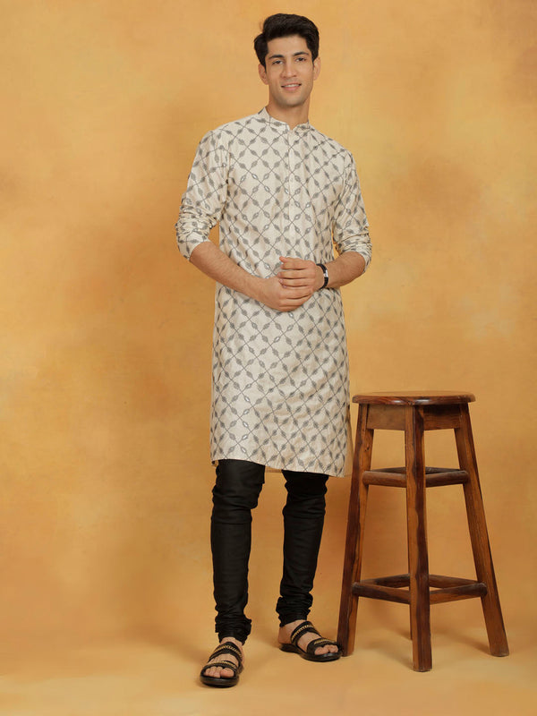 Jashvi Men's Cream And Black Cotton Blend Kurta And Pyjama Set