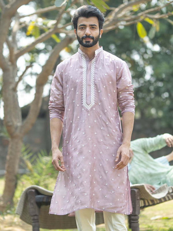 Jashvi Men's Pink Silk Blend Kurta