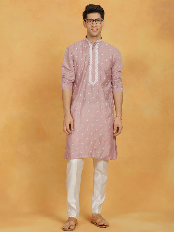 Jashvi Men's Pink And White Silk Blend Kurta And Pyjama Set