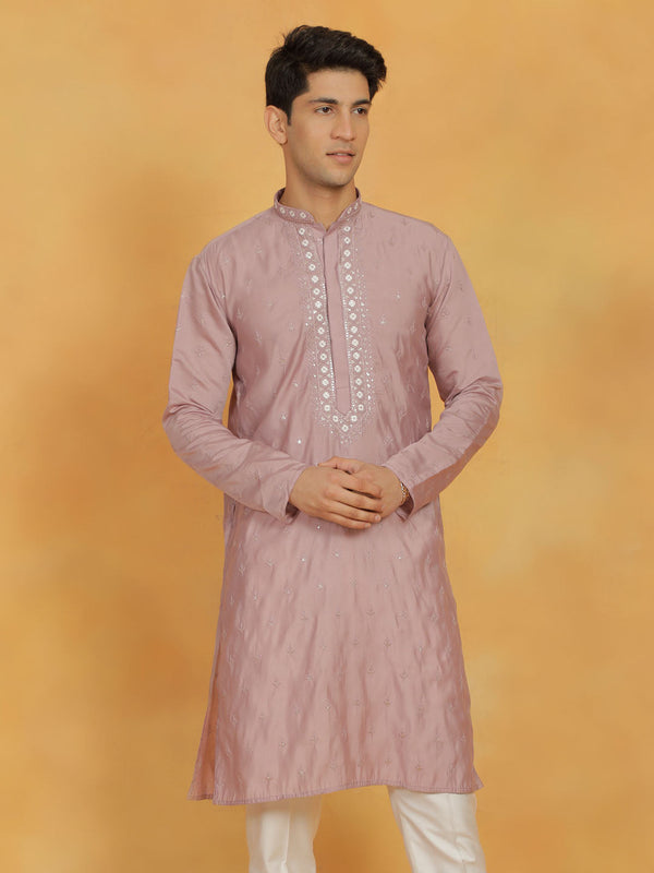 Jashvi Men's Pink Silk Blend Kurta