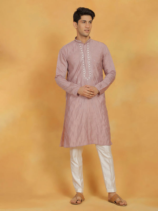 Jashvi Men's Pink And White Silk Blend Kurta And Pyjama Set