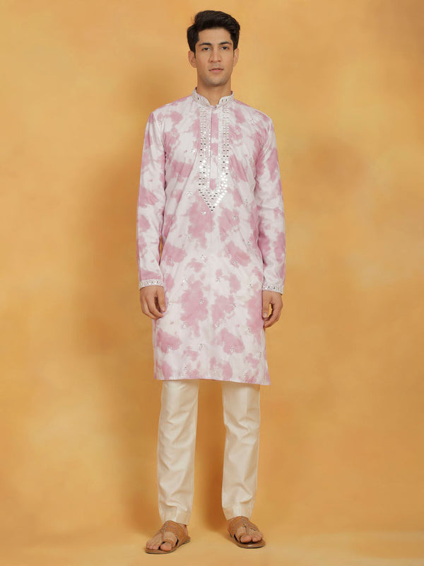 Jashvi Men's Pink And Cream Cotton Blend Kurta And Pyjama Set