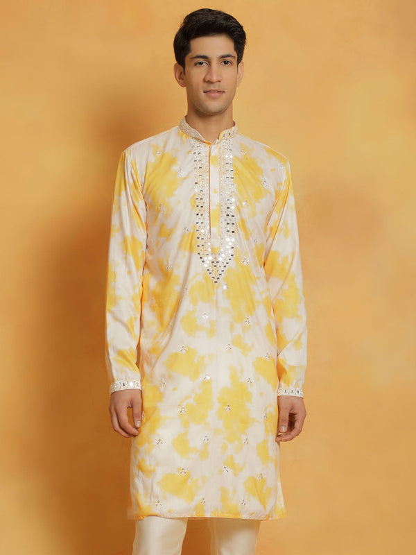 Jashvi Men's Yellow Cotton Blend Kurta