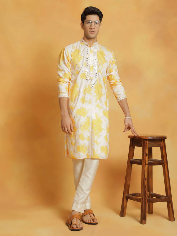 Jashvi Men's Yellow And Cream Cotton Blend Kurta And Pyjama Set