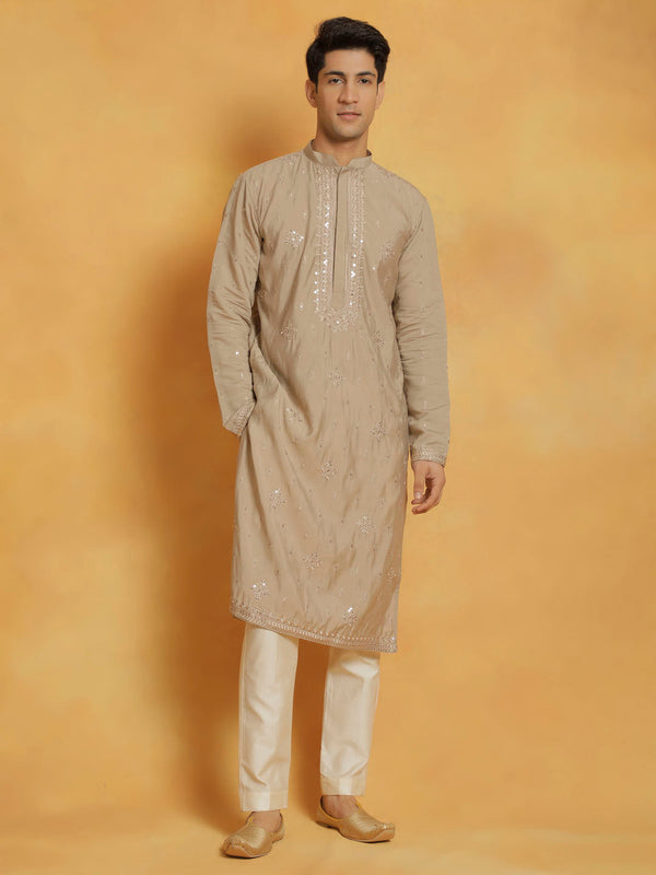 Jashvi Men's Gray And Cream Silk Blend Kurta And Pyjama Set