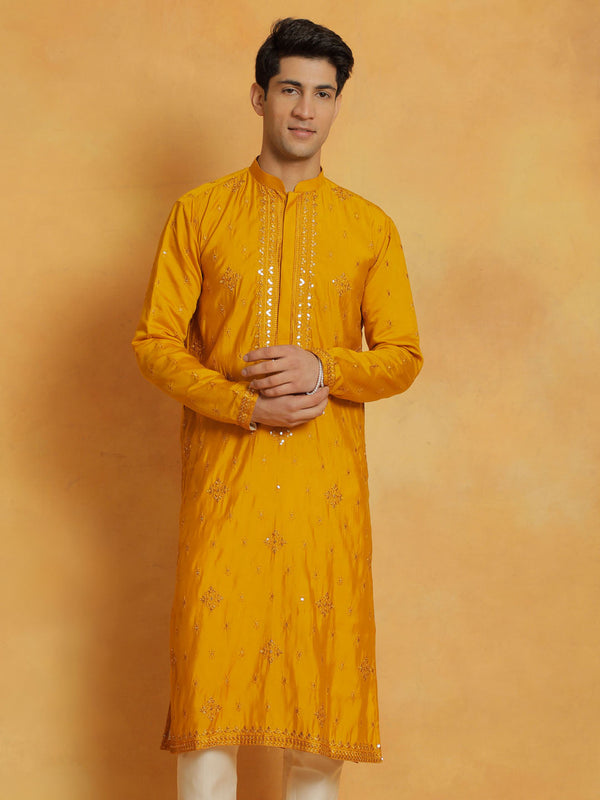 Jashvi Men's Mustard Silk Blend Kurta