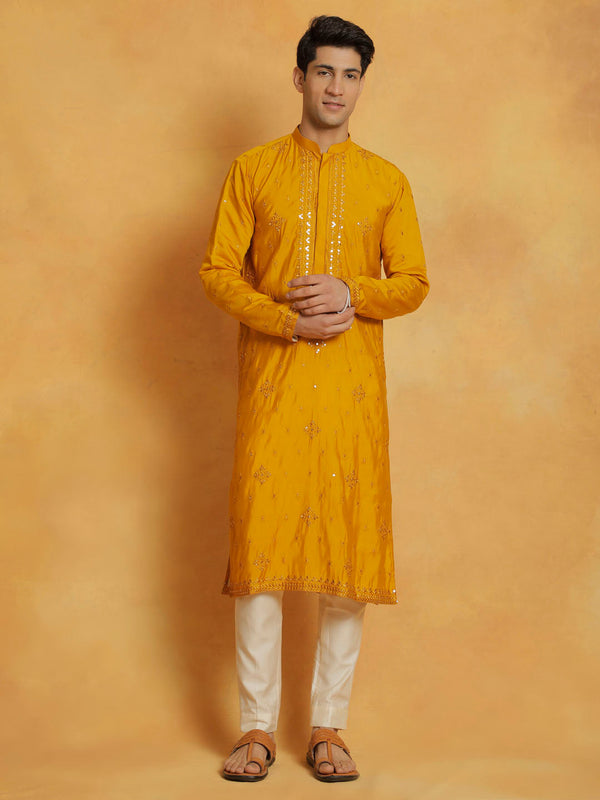 Jashvi Men's Mustard And Cream Silk Blend Kurta And Pyjama Set