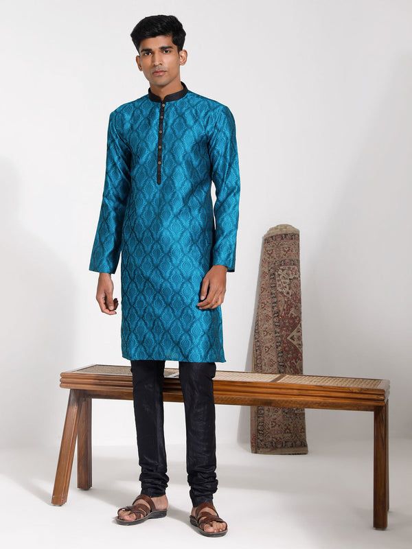 Jashvi Men's Turquoise And Black Silk Blend Kurta Pyjama Set