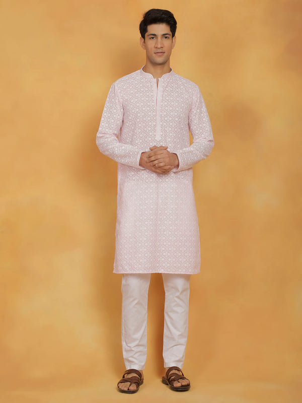 Jashvi Men's Pink And White Cotton Kurta And Pyjama Set