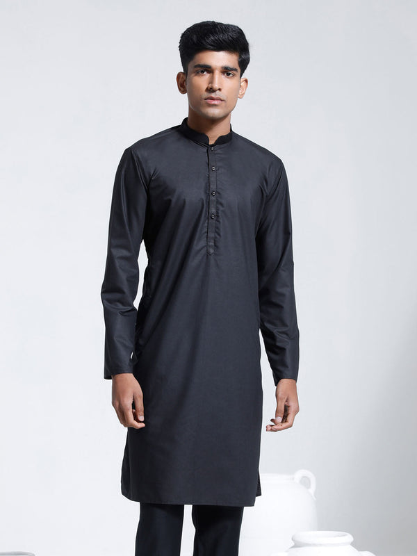 Jashvi Men's Black Cotton Silk Kurta