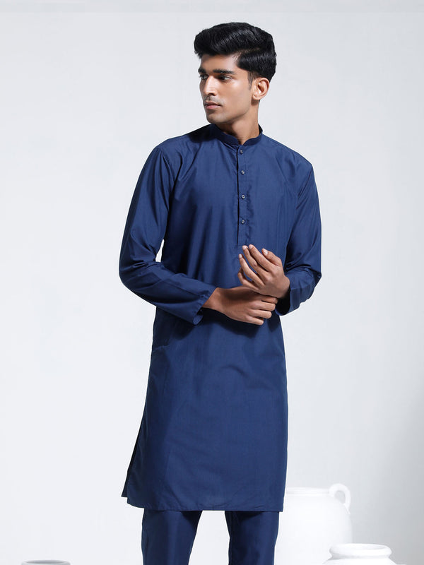 Jashvi Men's Navy Blue Cotton Silk Kurta