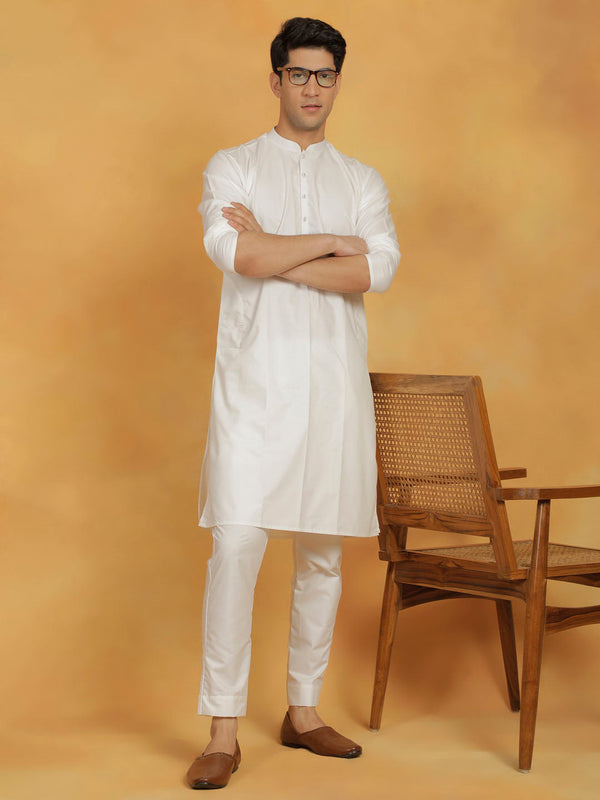 Jashvi Men's Off White Cotton Silk Kurta And Pyjama Set