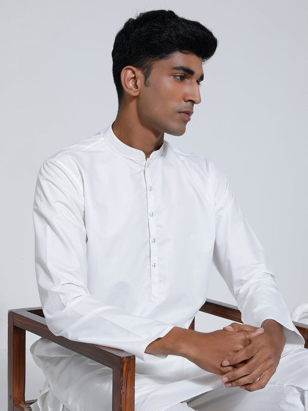 Jashvi Men's White Cotton Silk Kurta