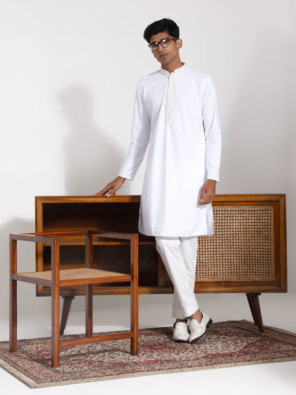 Jashvi Men's White Cotton Kurta Pyjama Set