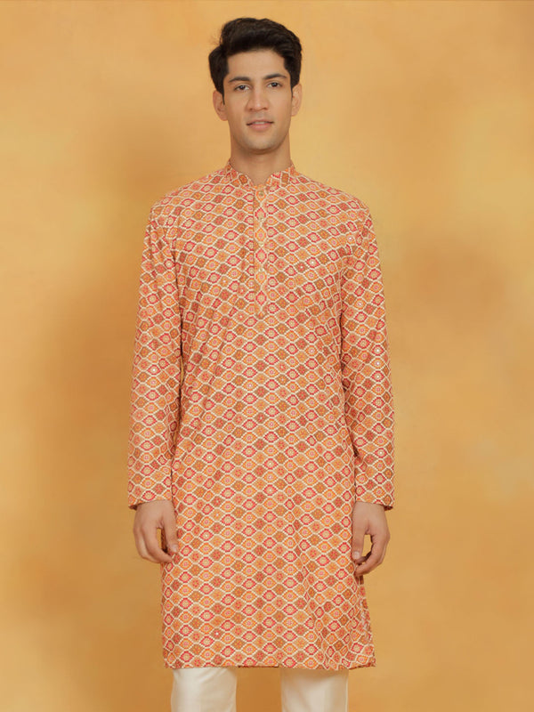 Jashvi Men's Orange Maslin Kurta