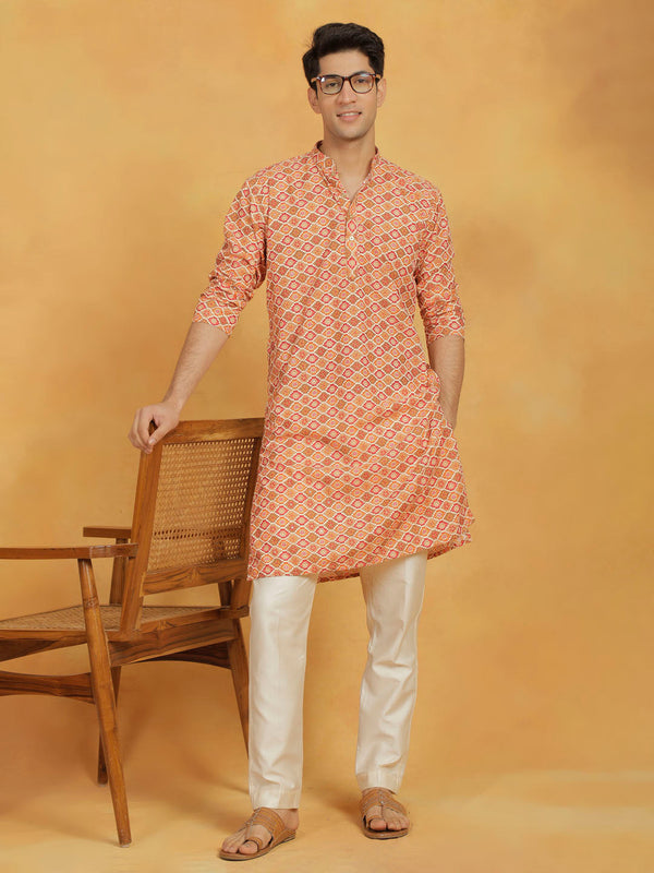 Jashvi Men's Orange And Cream Maslin Kurta And Pyjama Set