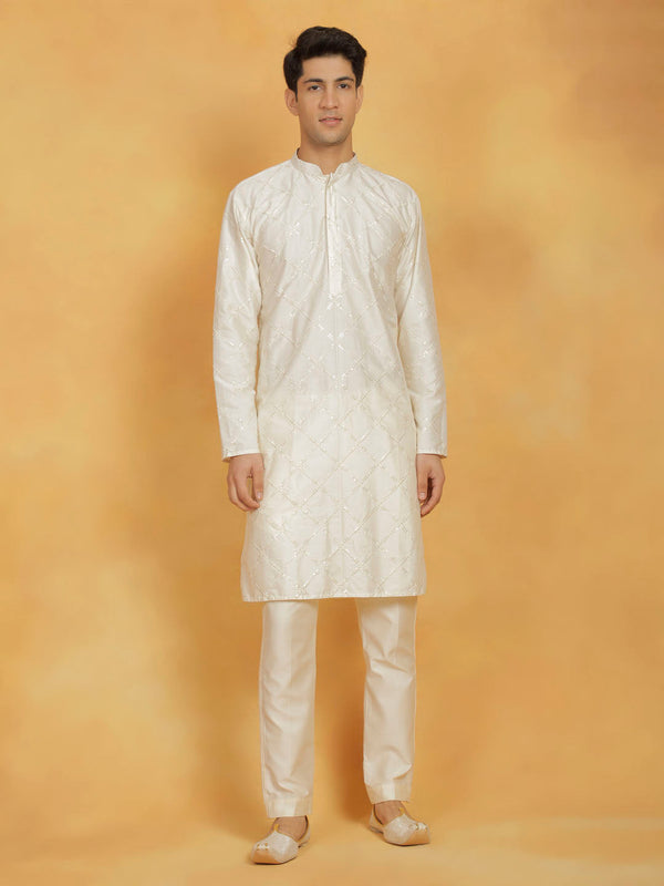 Jashvi Men's Cream Viscose Kurta And Pyjama Set