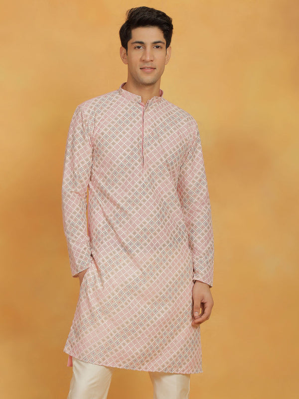 Jashvi Men's Pink Maslin Kurta