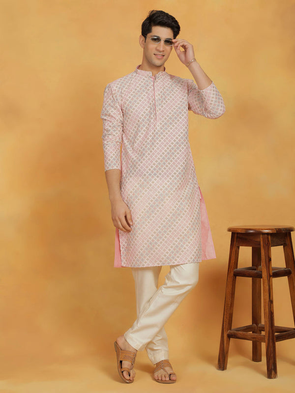 Jashvi Men's Pink Muslin Kurta And Pyjama Set