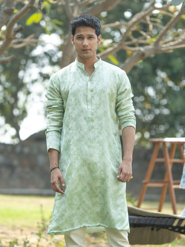 Jashvi Men's Mint Green Silk Blend Kurta