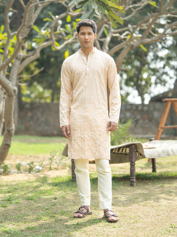 Jashvi Men's Peach And Cream Viscose Kurta And Pyjama Set